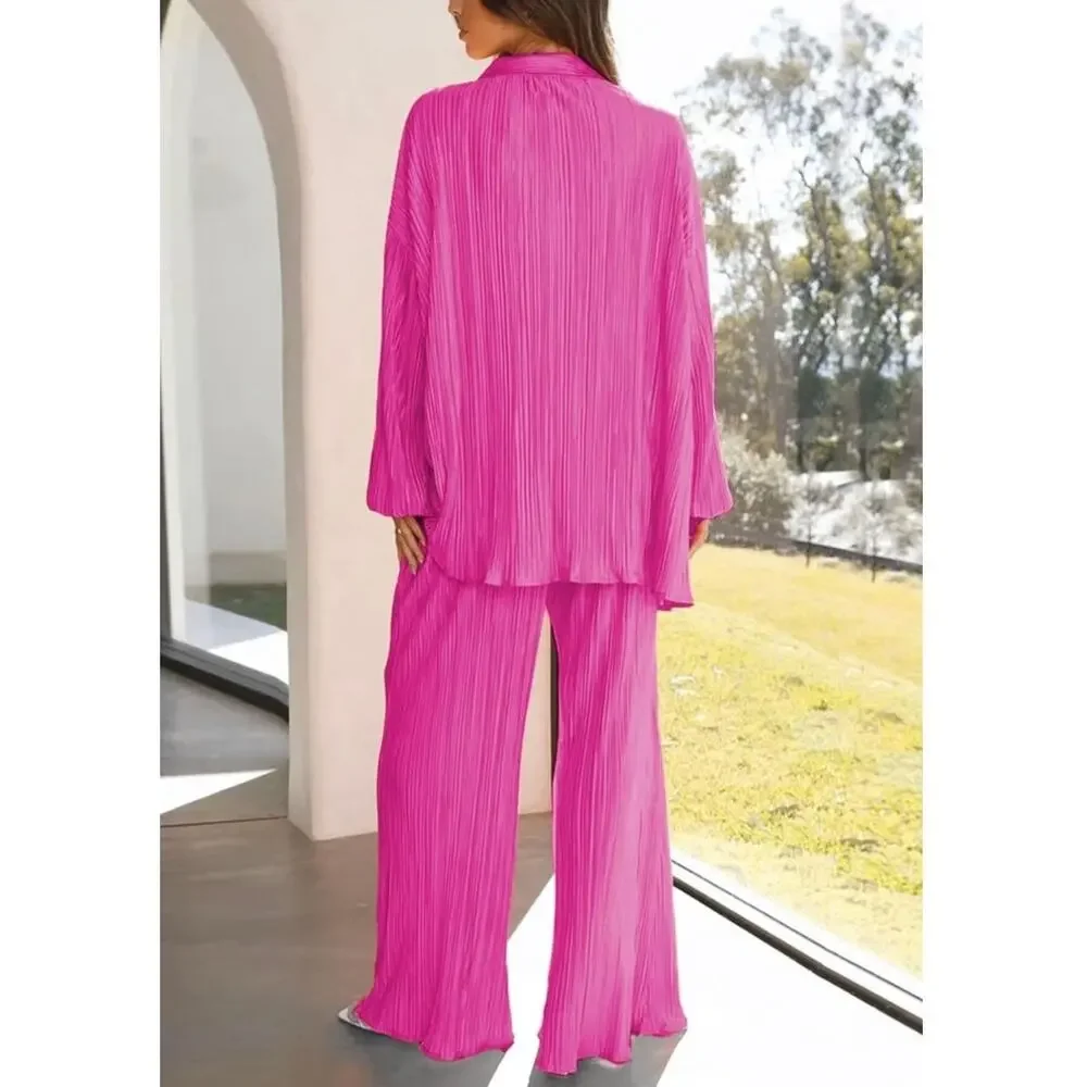 ONIRIKE 2 Pc Sweatsuit Womens SZ LRG Pleated Long Sleeve Button Up Palazzo Pants - Picture 3 of 8